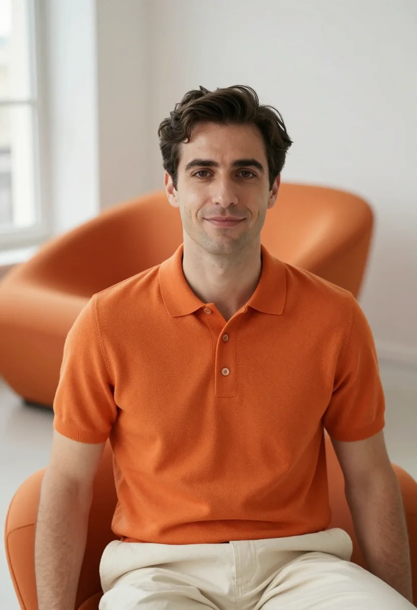 AI pierre paulin paris orange slice april sample — portrait of a man, framed tight, head and shoulders, the bod