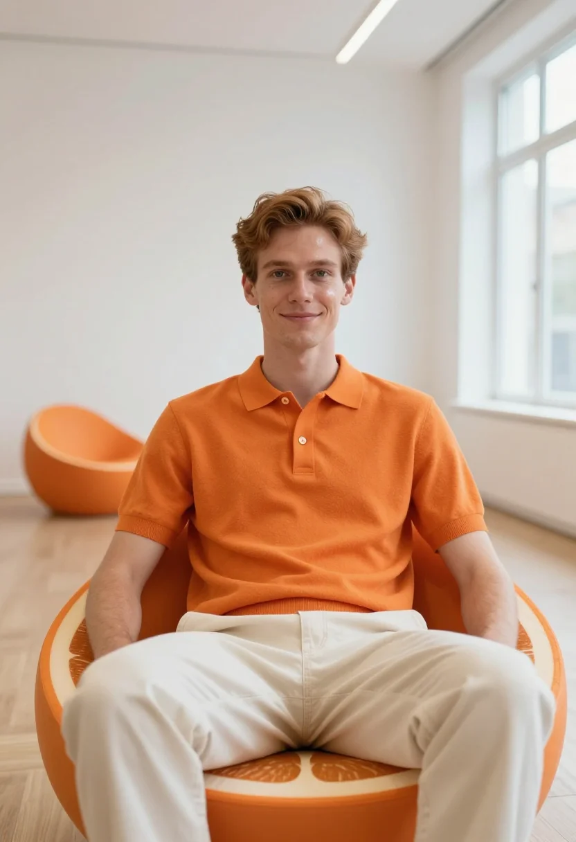 AI pierre paulin paris orange slice april sample — portrait of a man, framed tight, head and shoulders, the bod