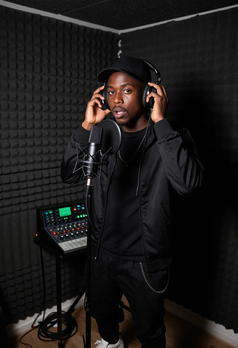 AI pirate radio grime sample — portrait of a man, half-length portrait of a Black British m