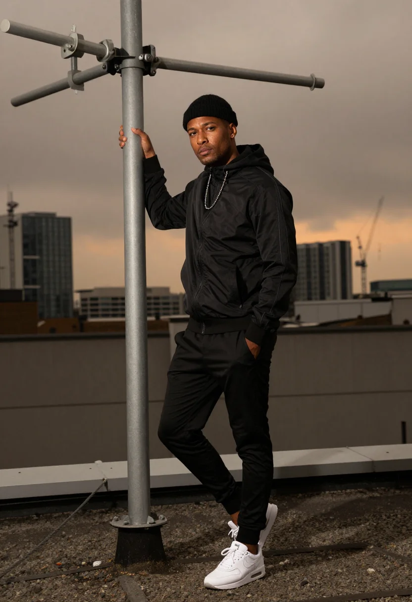 AI pirate radio grime sample — portrait of a man, half-length portrait of a mixed-heritage