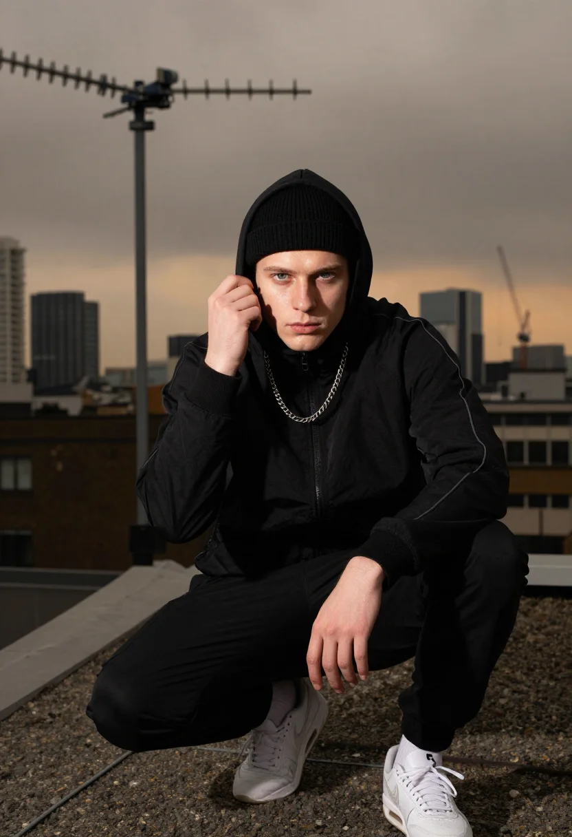 AI pirate radio grime sample — portrait of a man, chest-up portrait of a white British man