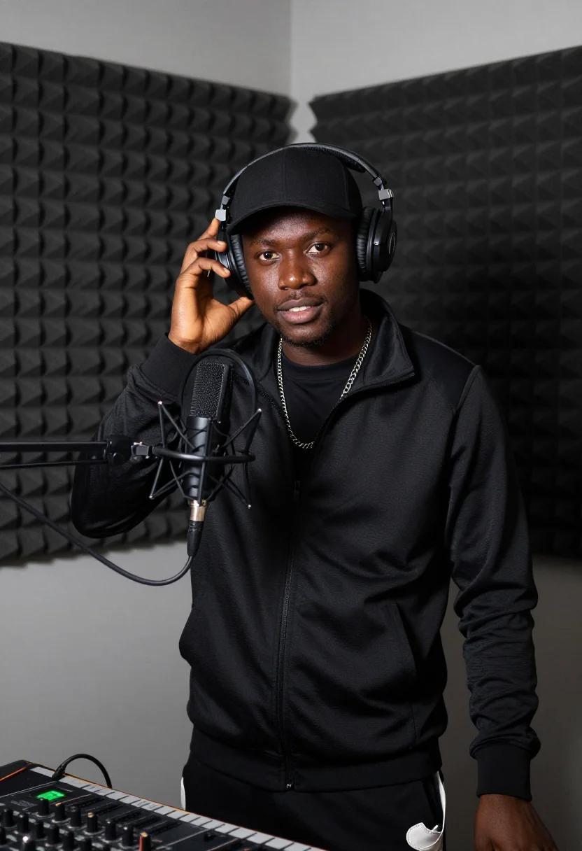 AI pirate radio grime sample — portrait of a man, chest-up portrait of a British-Ghanaian m