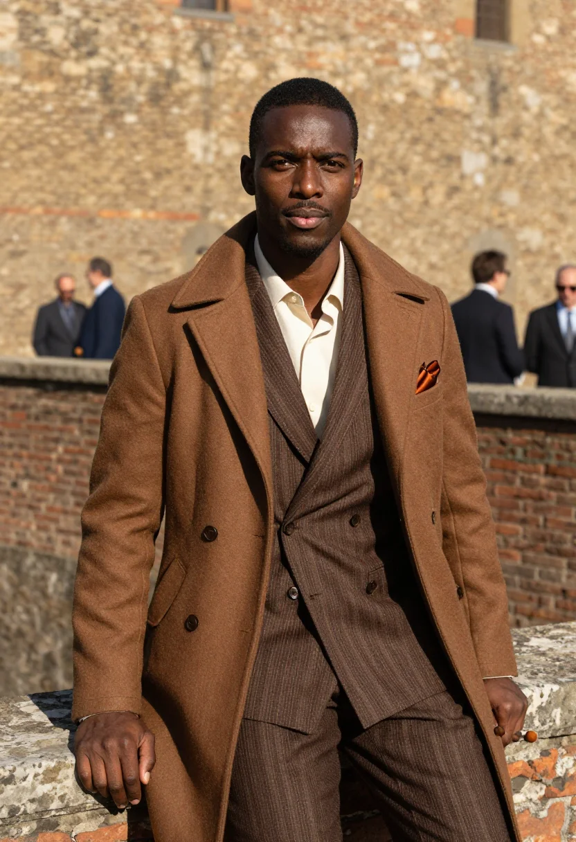 AI pitti peacock sample — portrait of a man, chest-up portrait of a Black Italian man