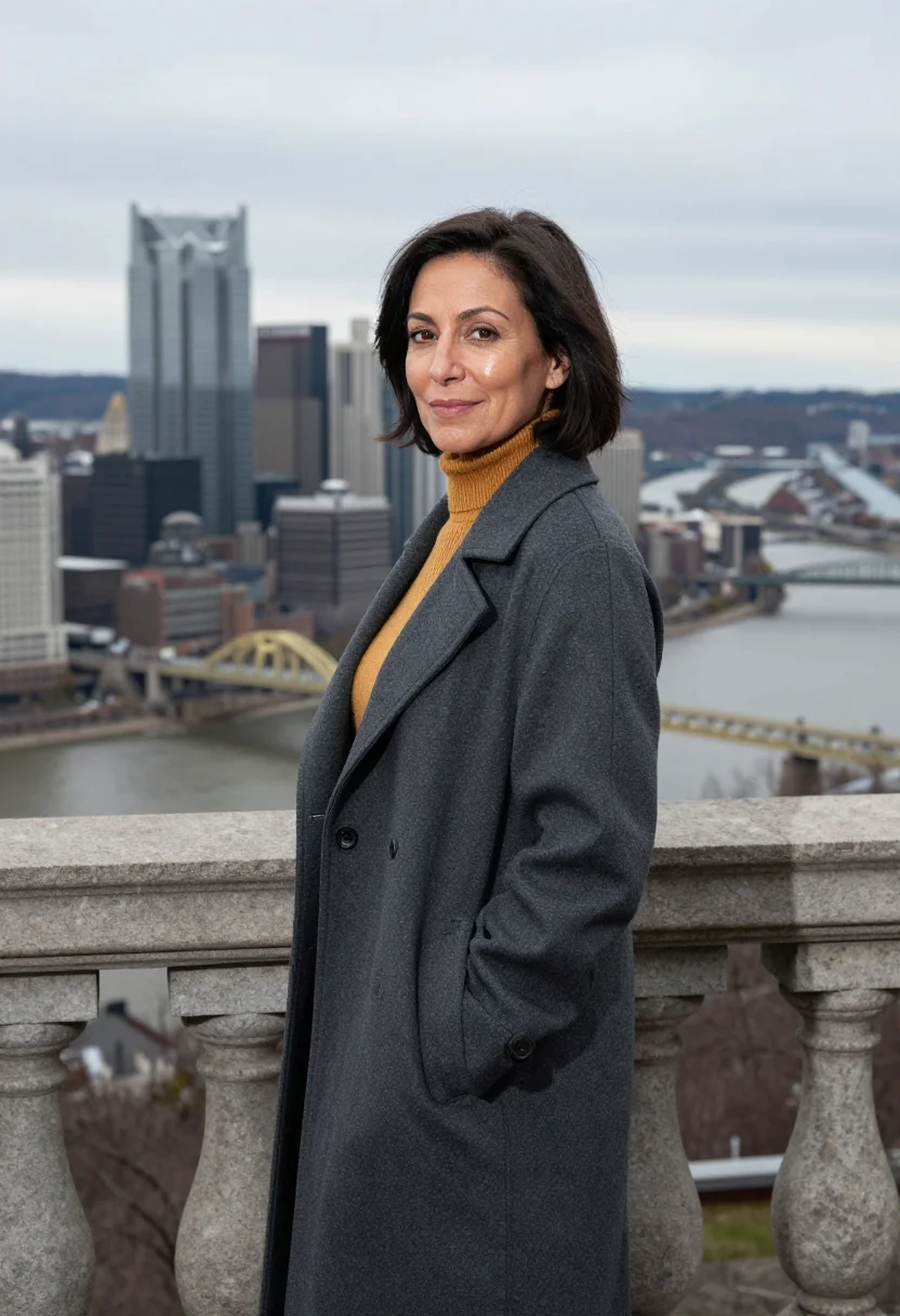 AI pittsburgh robotics bridge gold sample — portrait of a woman, chest-up portrait of an Italian-America