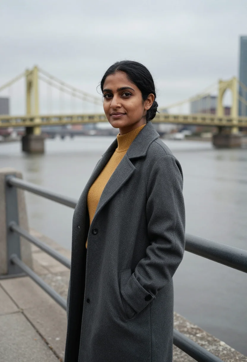 AI pittsburgh robotics bridge gold sample — portrait of a woman, chest-up portrait of an Indian-American