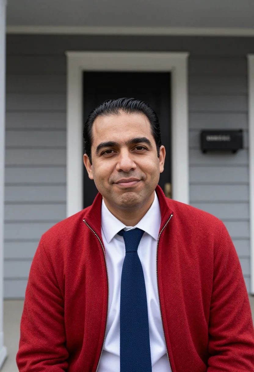 AI pittsburgh teacher red cardigan sample — portrait of a man, head-and-shoulders portrait of a teacher,