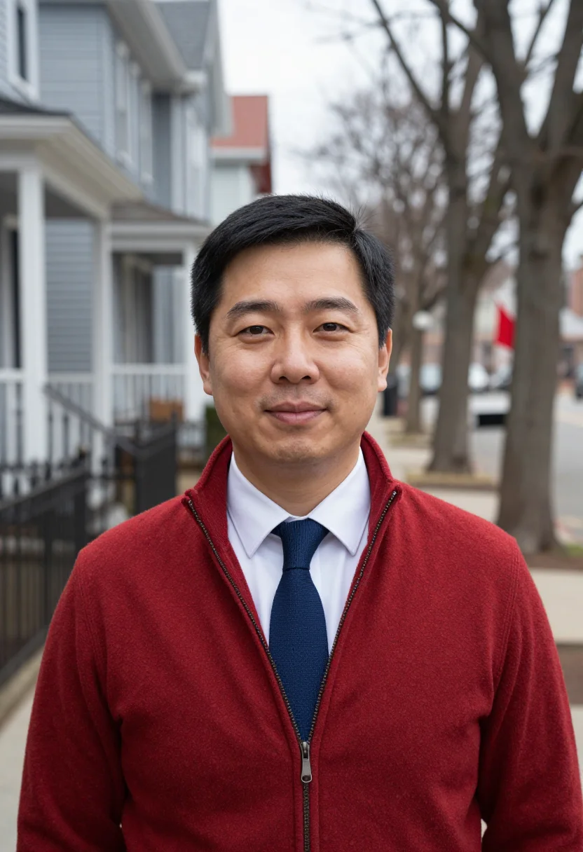 AI pittsburgh teacher red cardigan sample — portrait of a man, head-and-shoulders portrait of a teacher,