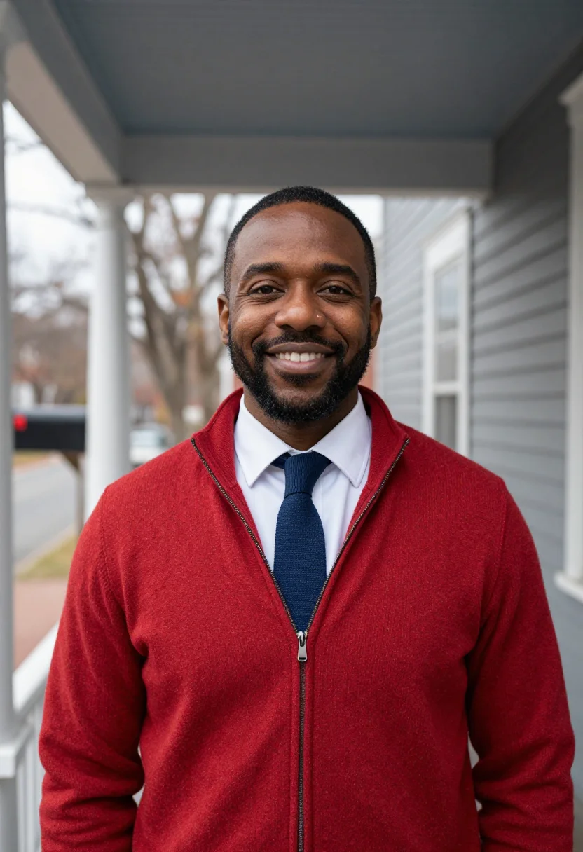AI pittsburgh teacher red cardigan sample — portrait of a man, chest-up portrait of a teacher, an Africa