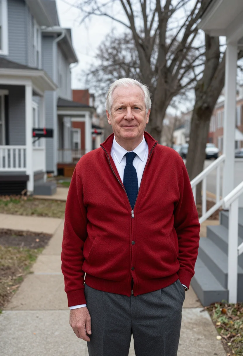 AI pittsburgh teacher red cardigan sample — portrait of a man, half-length portrait of a teacher, a man