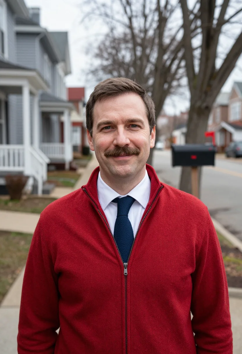 AI pittsburgh teacher red cardigan sample — portrait of a man, chest-up portrait of a teacher, a man of