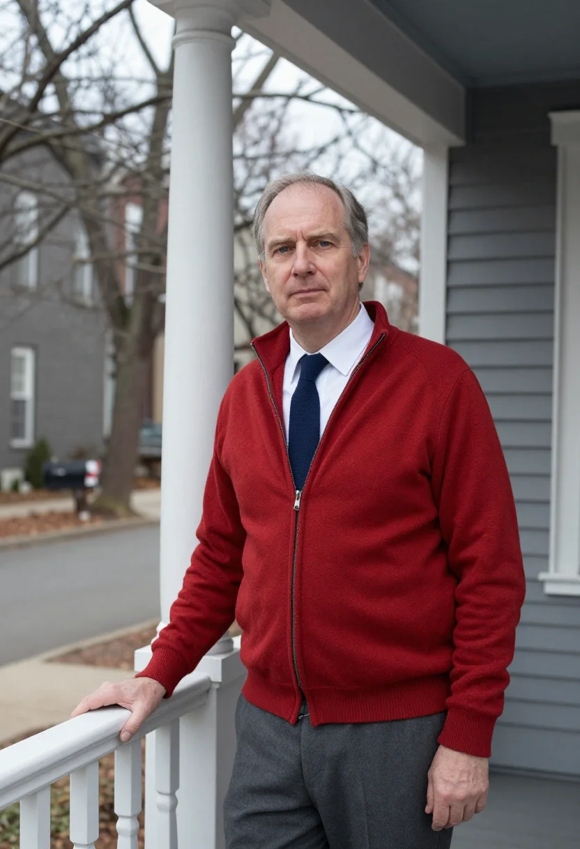 AI pittsburgh teacher red cardigan sample — portrait of a man, half-length portrait of a teacher, a man