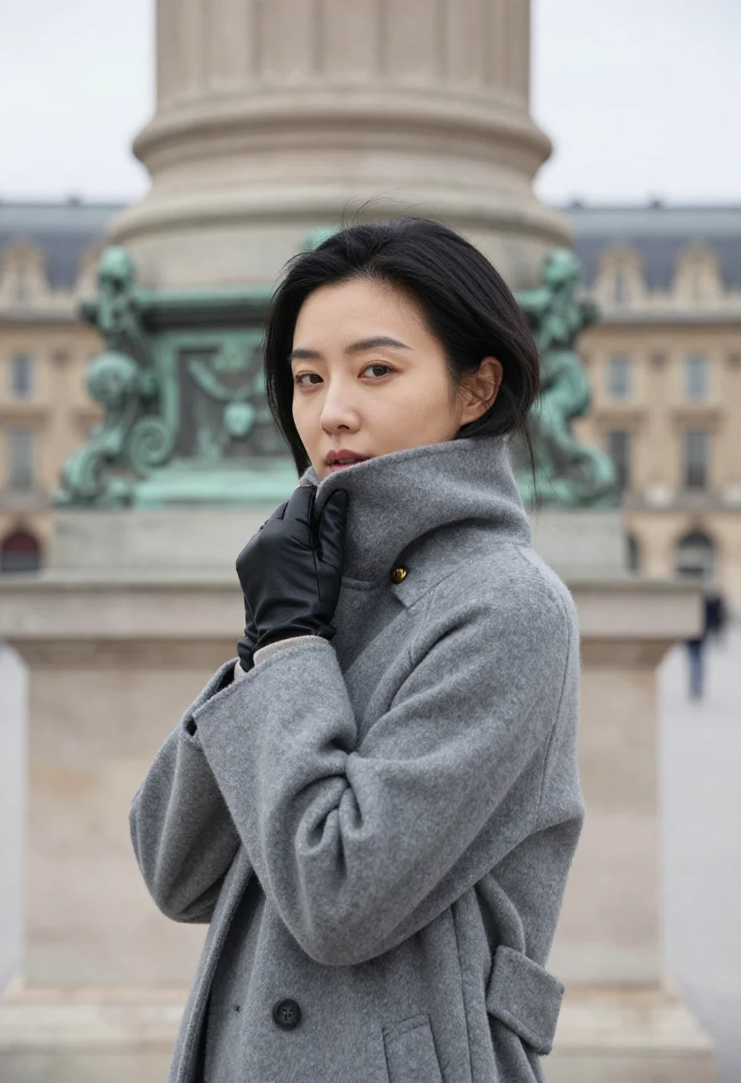 AI place vendome greige sample — portrait of a woman, framed chest-up from the ribs with the