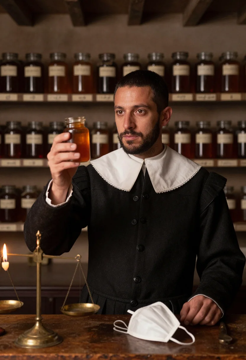 AI plague doctor sample — portrait of a man, an Italian man with warm olive skin, dark