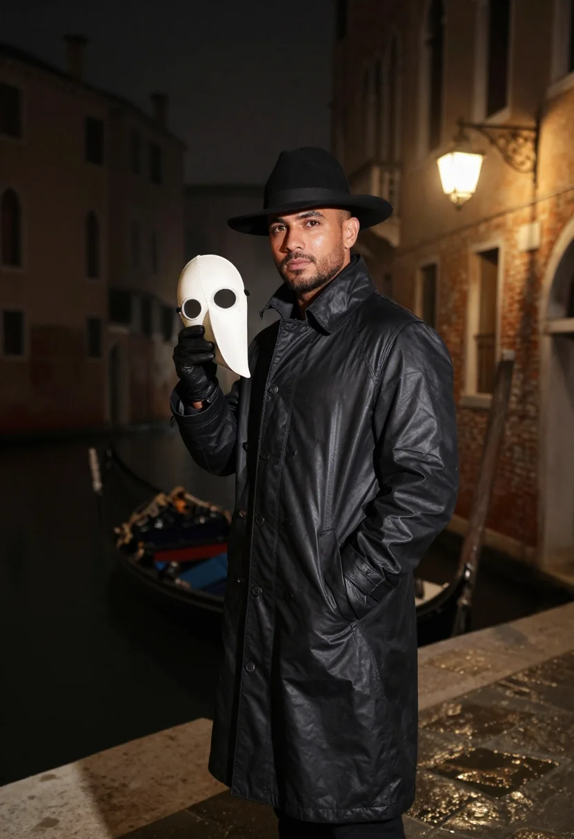 AI plague doctor sample — portrait of a man, an Italian man with warm olive skin, dark
