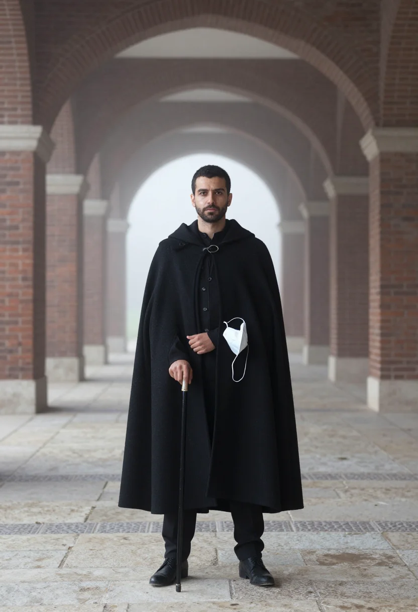 AI plague doctor sample — portrait of a man, an Italian man with warm olive skin, dark