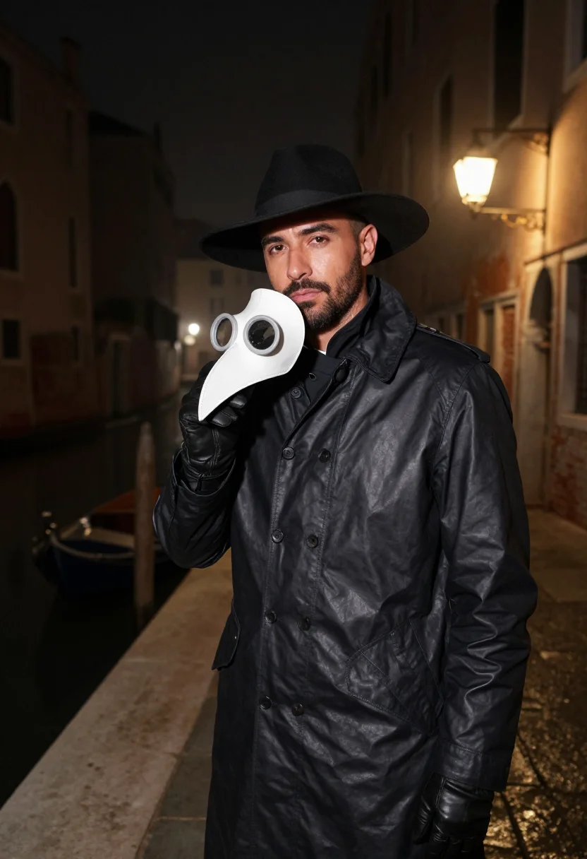 AI plague doctor sample — portrait of a man, an Italian man with warm olive skin, dark