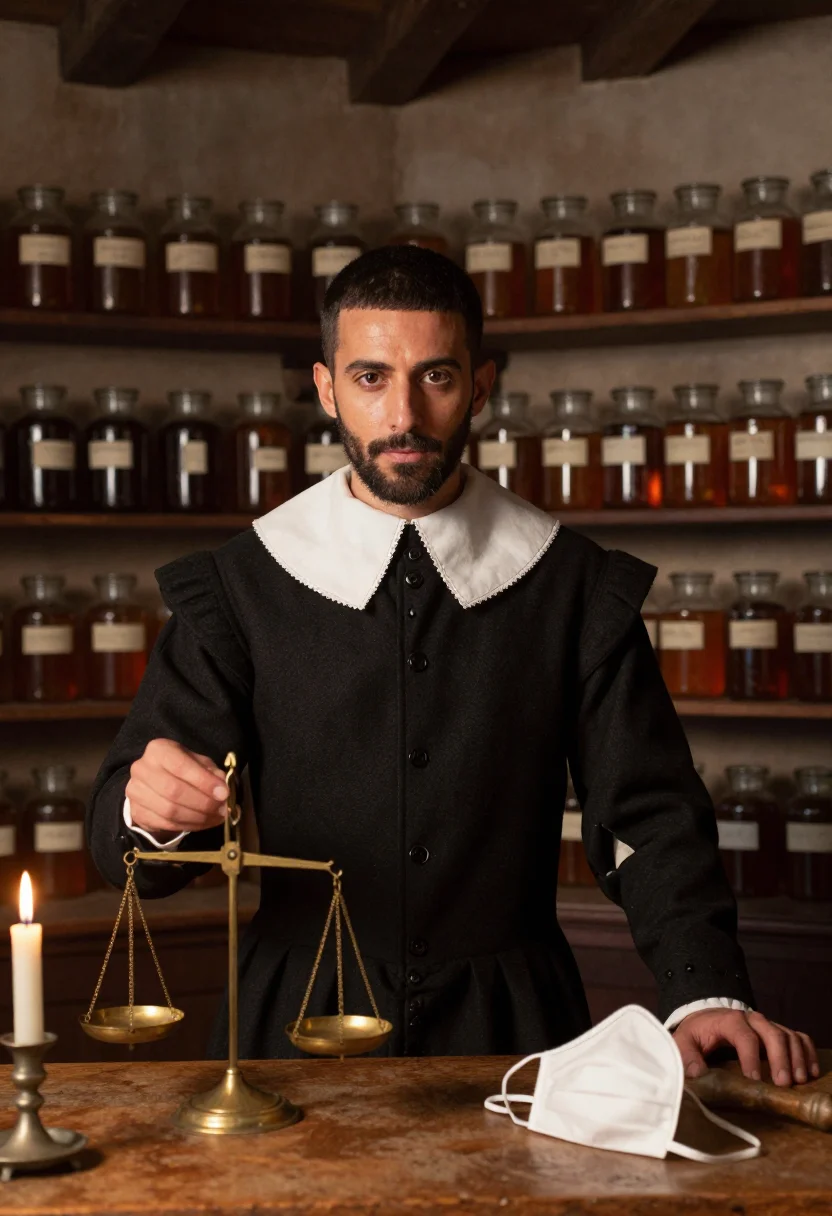 AI plague doctor sample — portrait of a man, an Italian man with warm olive skin, dark