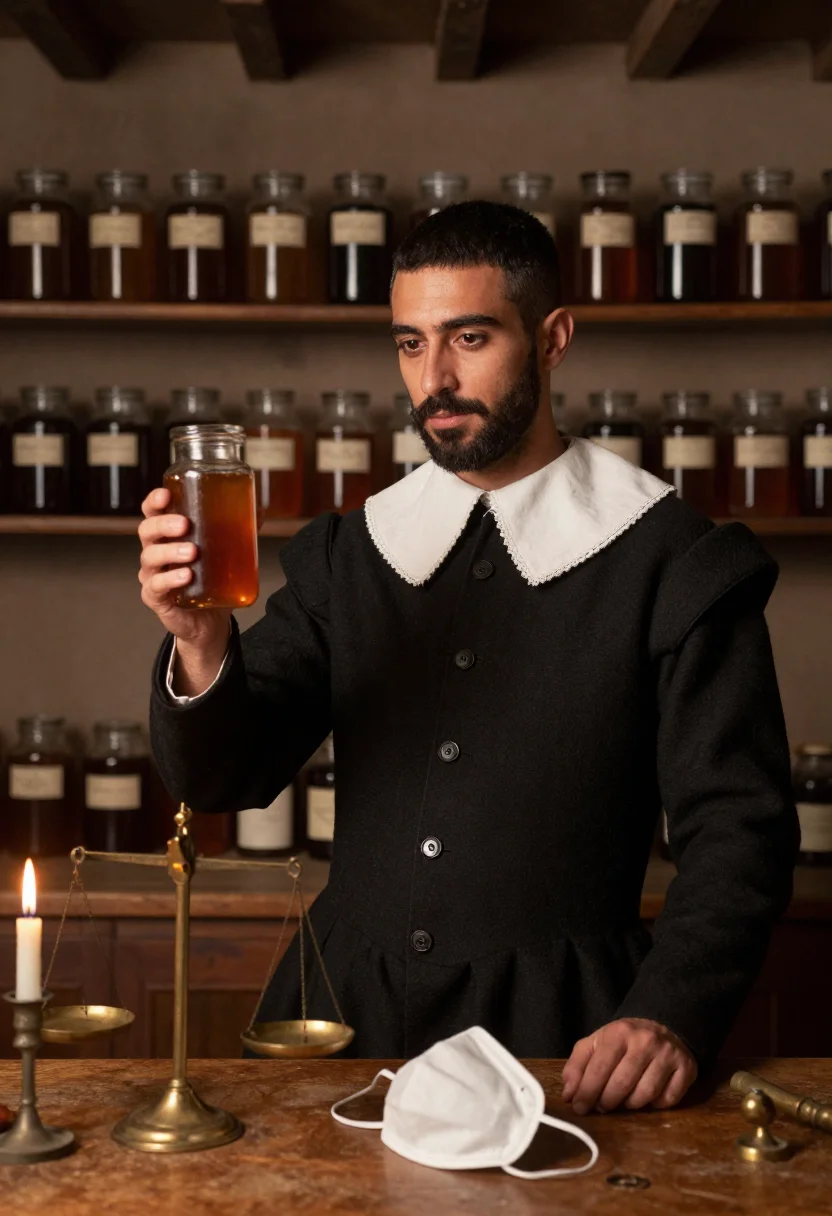 AI plague doctor sample — portrait of a man, an Italian man with warm olive skin, dark