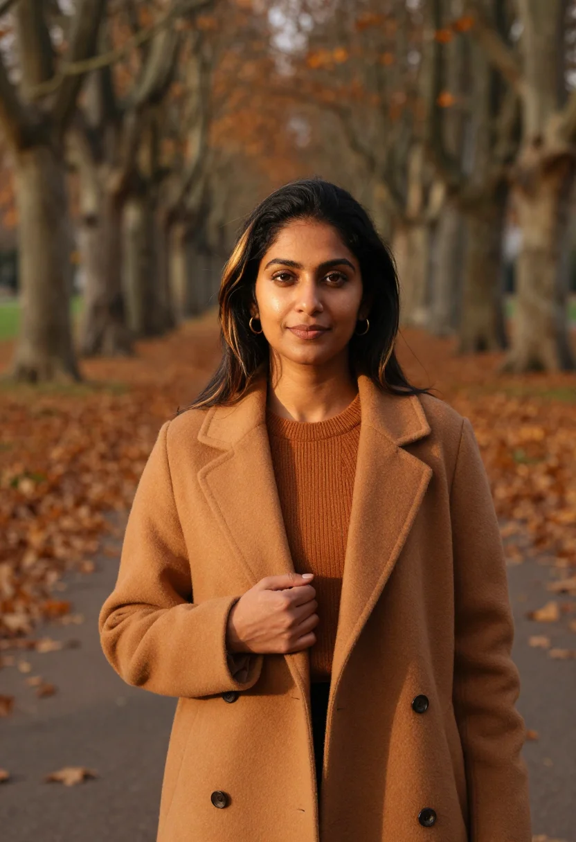 AI plane tree avenue headshot ochre sample — portrait of a woman, framed chest-up, cropped at the ribs, t