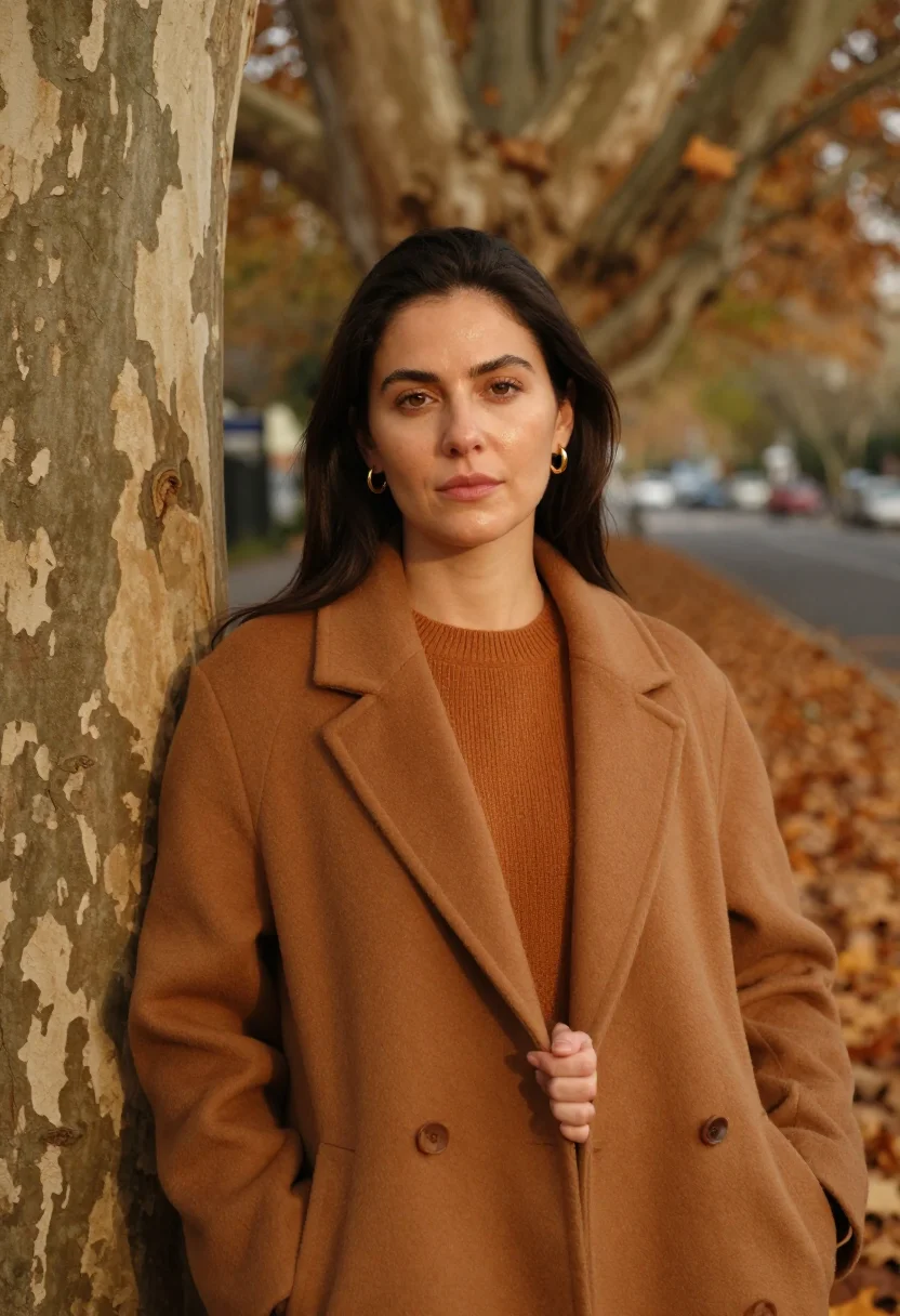 AI plane tree avenue headshot ochre sample — portrait of a woman, framed chest-up, cropped at the ribs, t