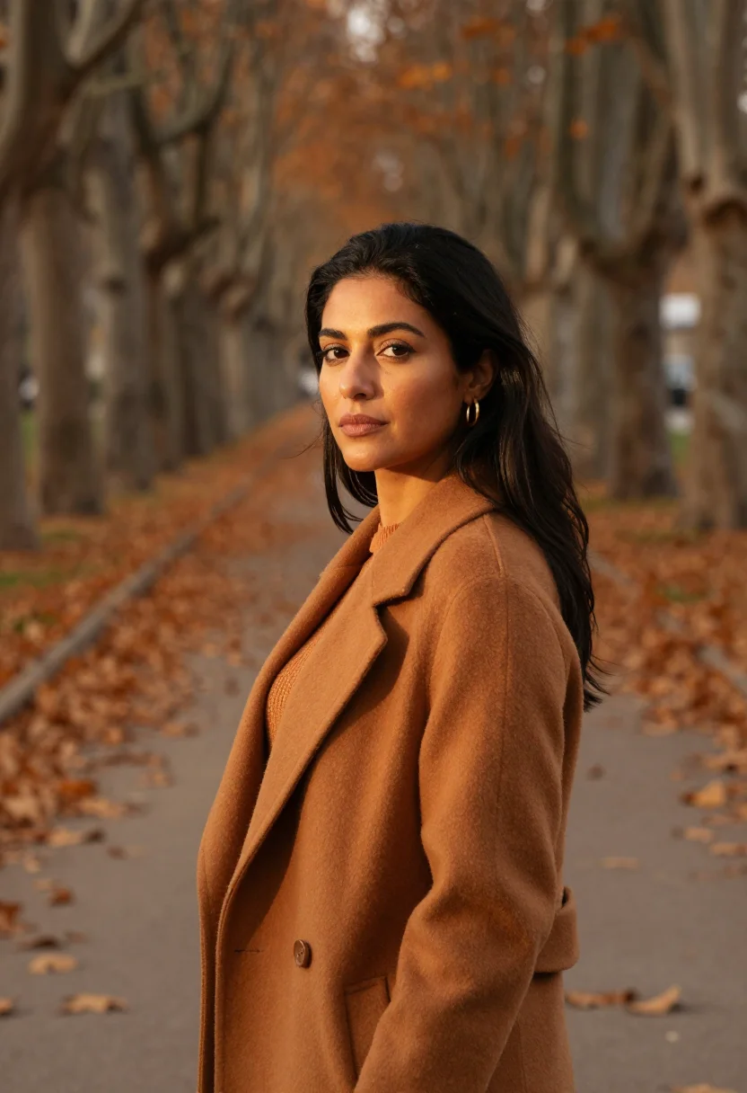 AI plane tree avenue headshot ochre sample — portrait of a woman, framed tight, head and shoulders, the b