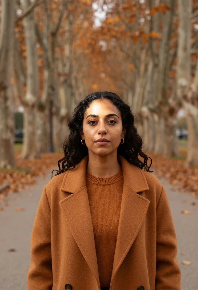 AI plane tree avenue headshot ochre sample — portrait of a woman, framed tight, head and shoulders, the b
