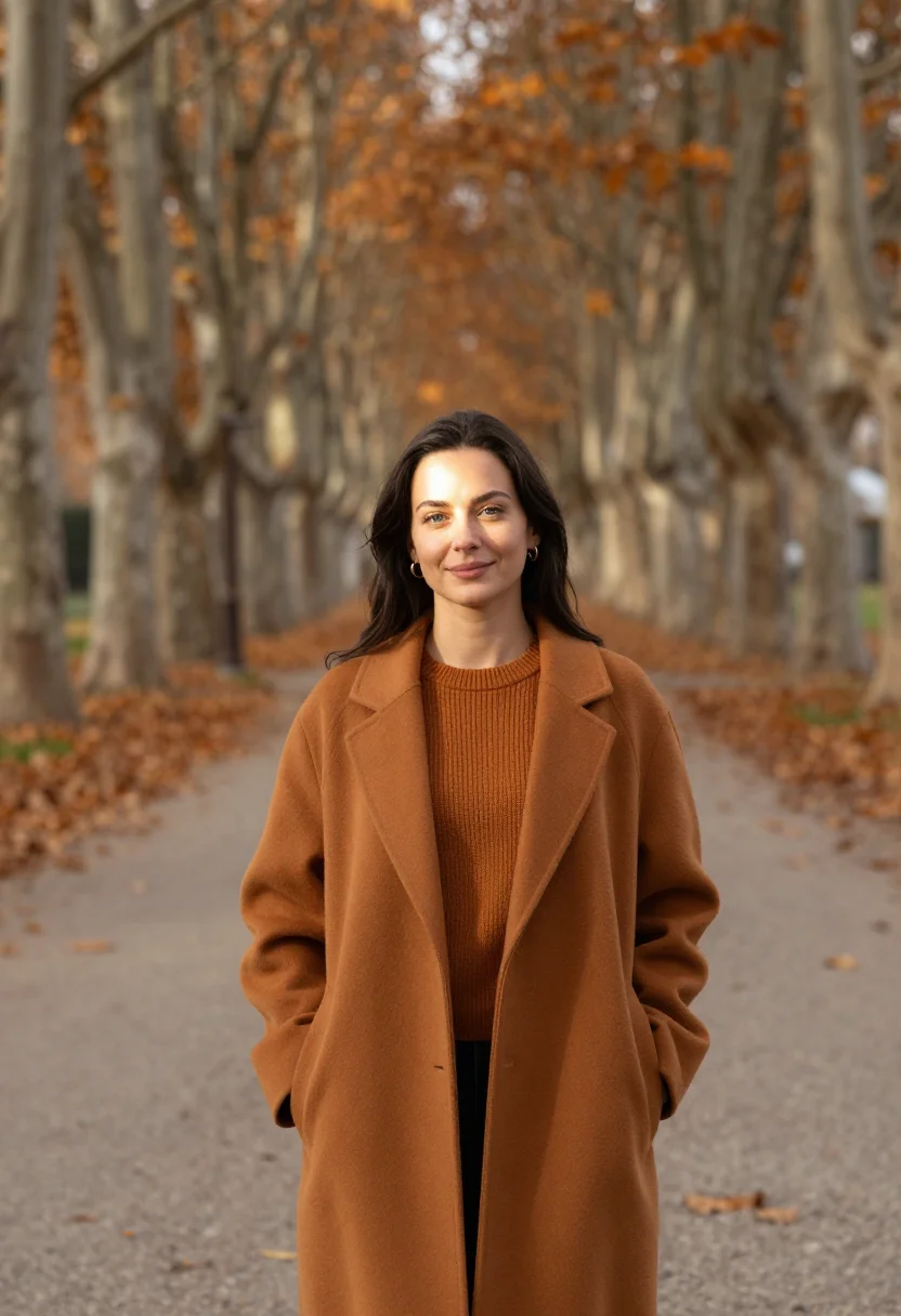 AI plane tree avenue headshot ochre sample — portrait of a woman, framed waist-up, cropped at the hips, t