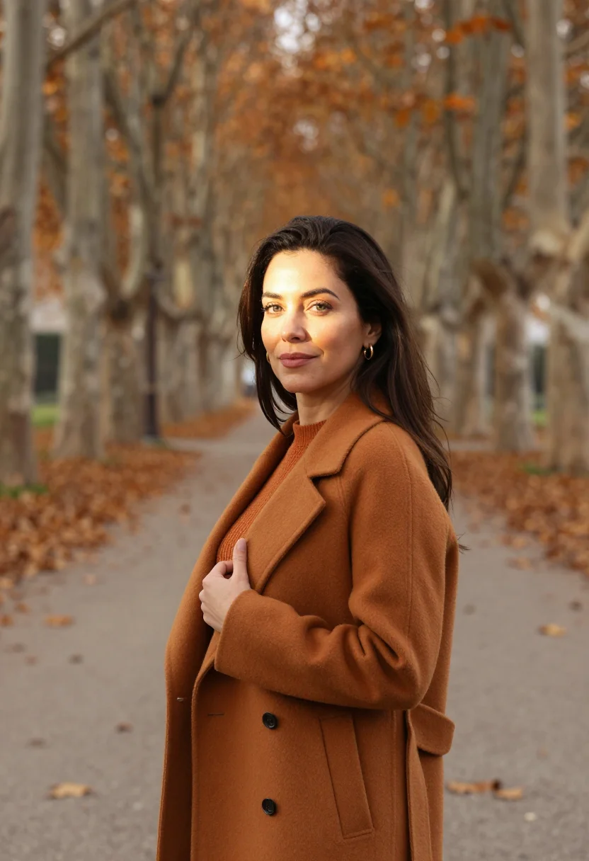 AI plane tree avenue headshot ochre sample — portrait of a woman, framed chest-up, cropped at the ribs, t