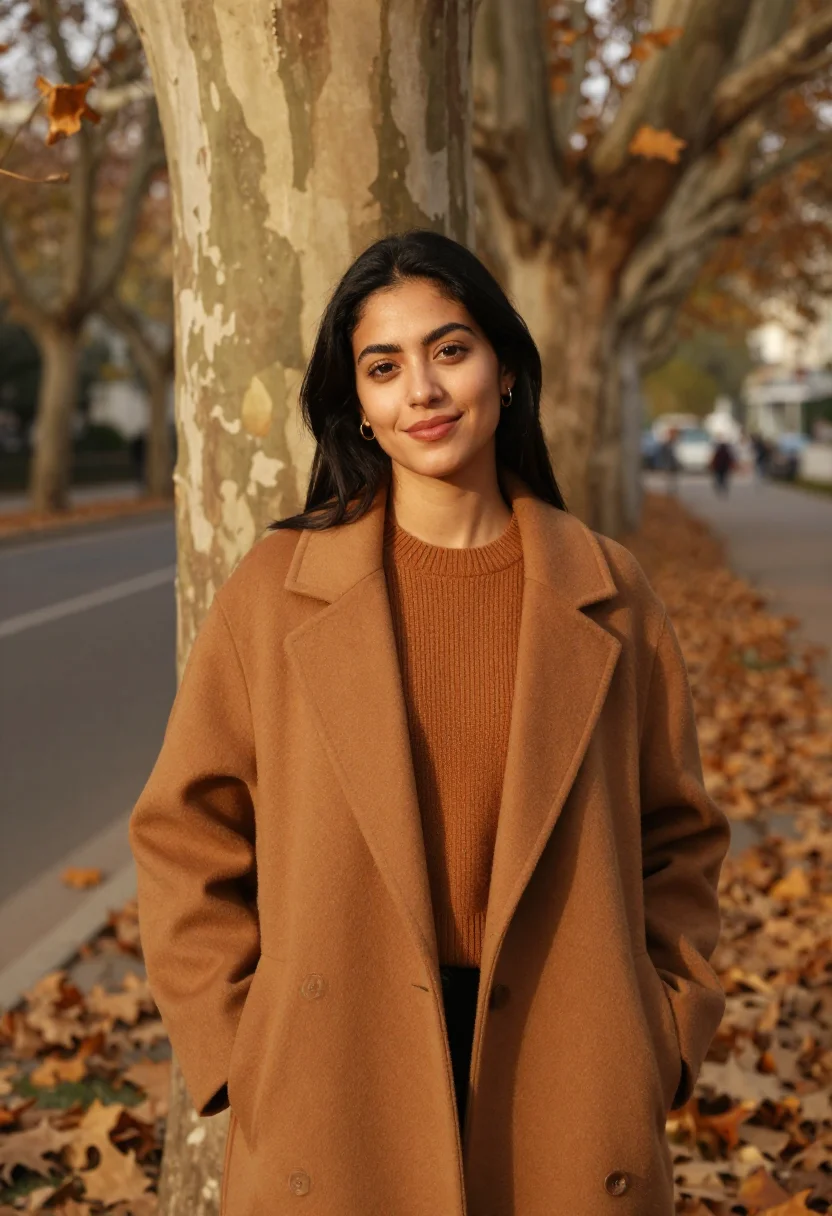 AI plane tree avenue headshot ochre sample — portrait of a woman, framed waist-up, cropped at the hips, t