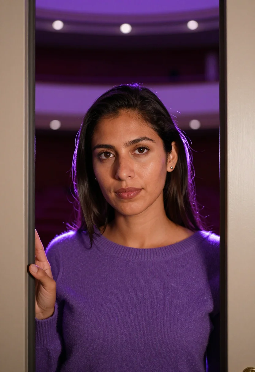 AI planetarium violet sample — portrait of a woman, framed head and shoulders, tighter, the