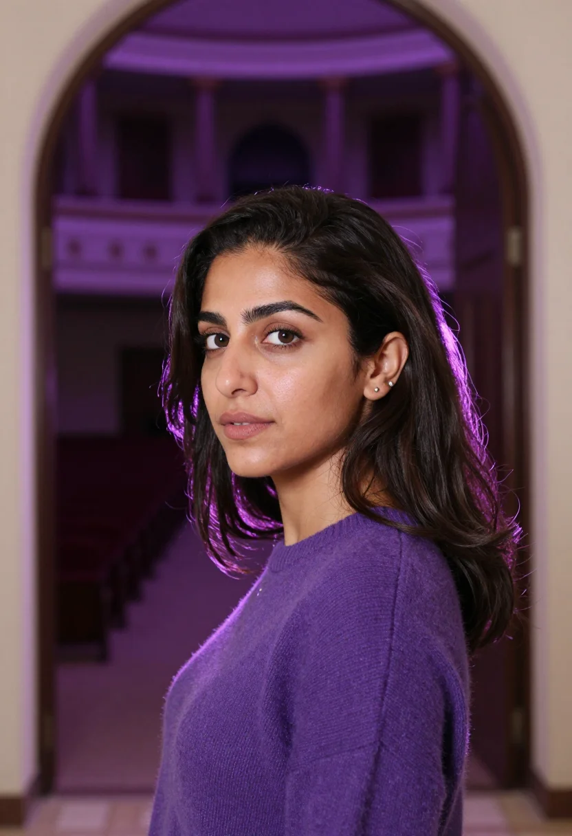 AI planetarium violet sample — portrait of a woman, framed as a tight headshot from the cro