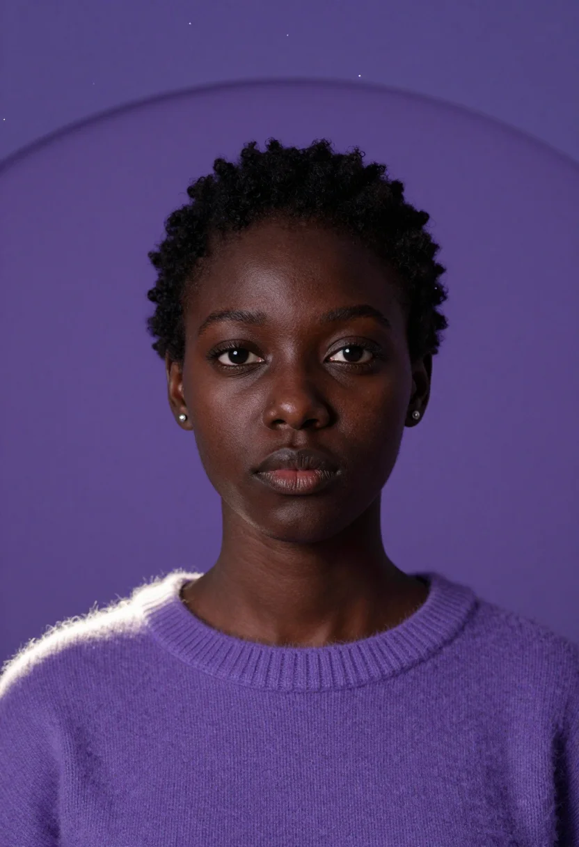 AI planetarium violet sample — portrait of a woman, framed as a tight headshot from the cro