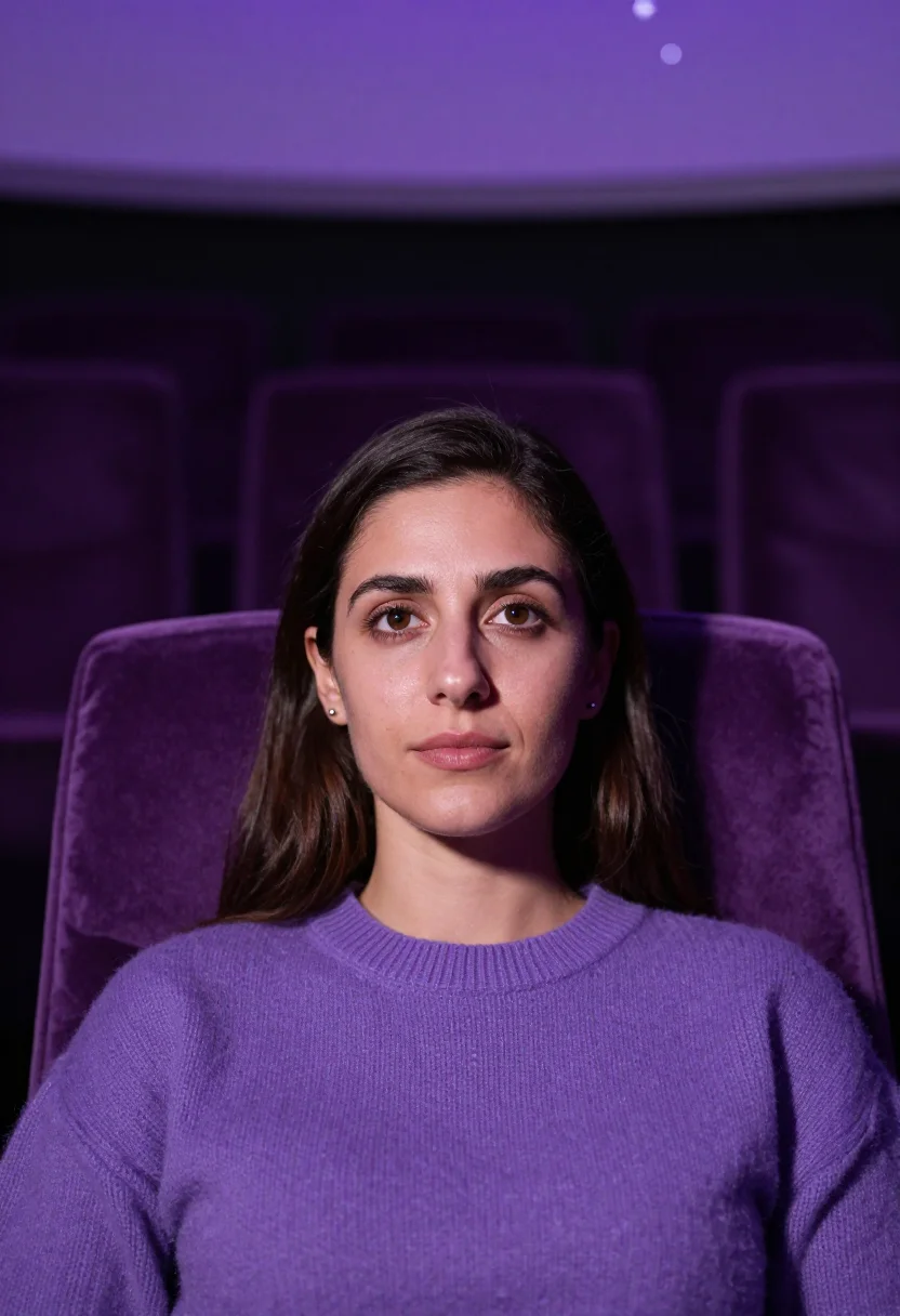 AI planetarium violet sample — portrait of a woman, framed as a tight headshot from the cro