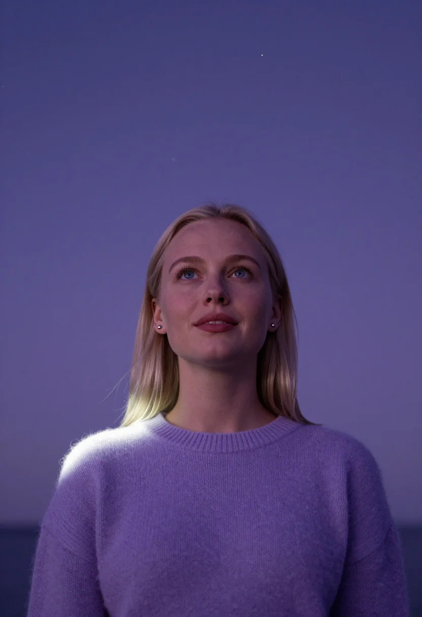 AI planetarium violet sample — portrait of a woman, framed chest-up from the ribs with the