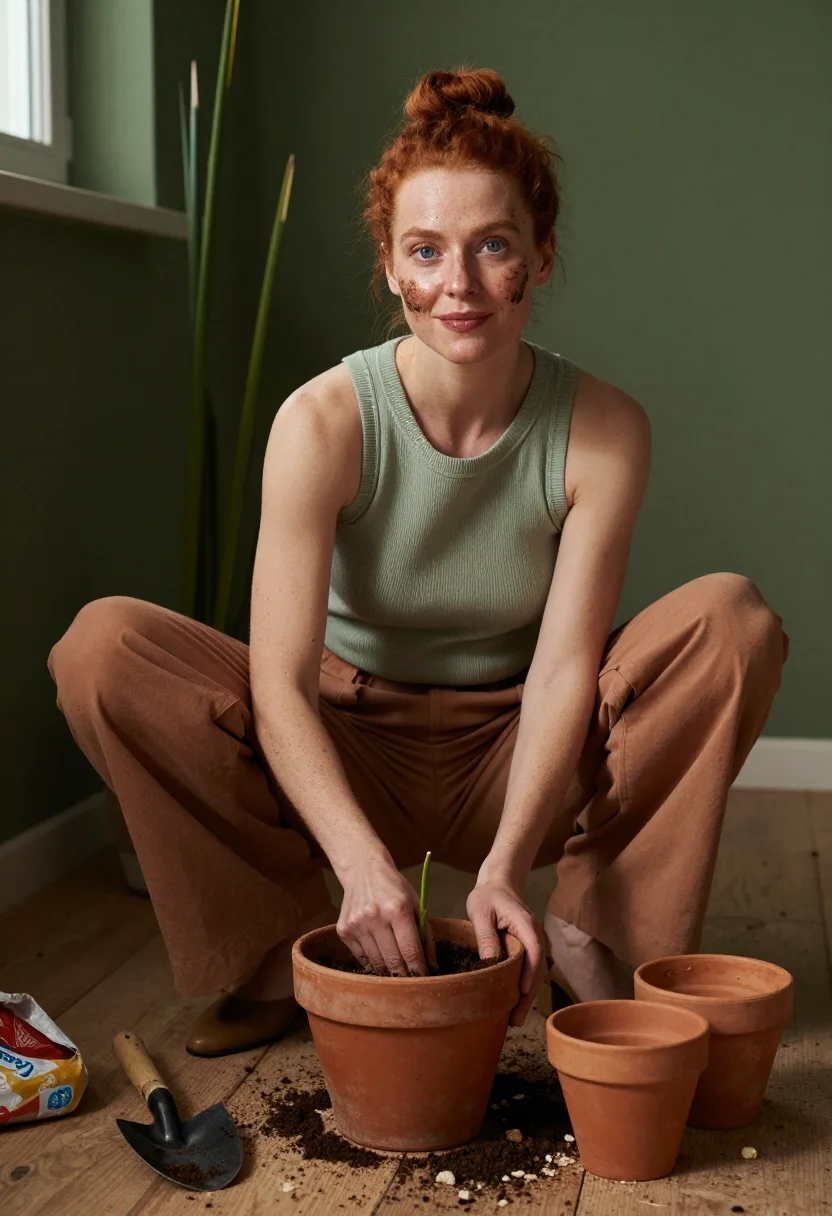 AI plant corner sample — portrait of a woman, chest-up crouching portrait of a Wester