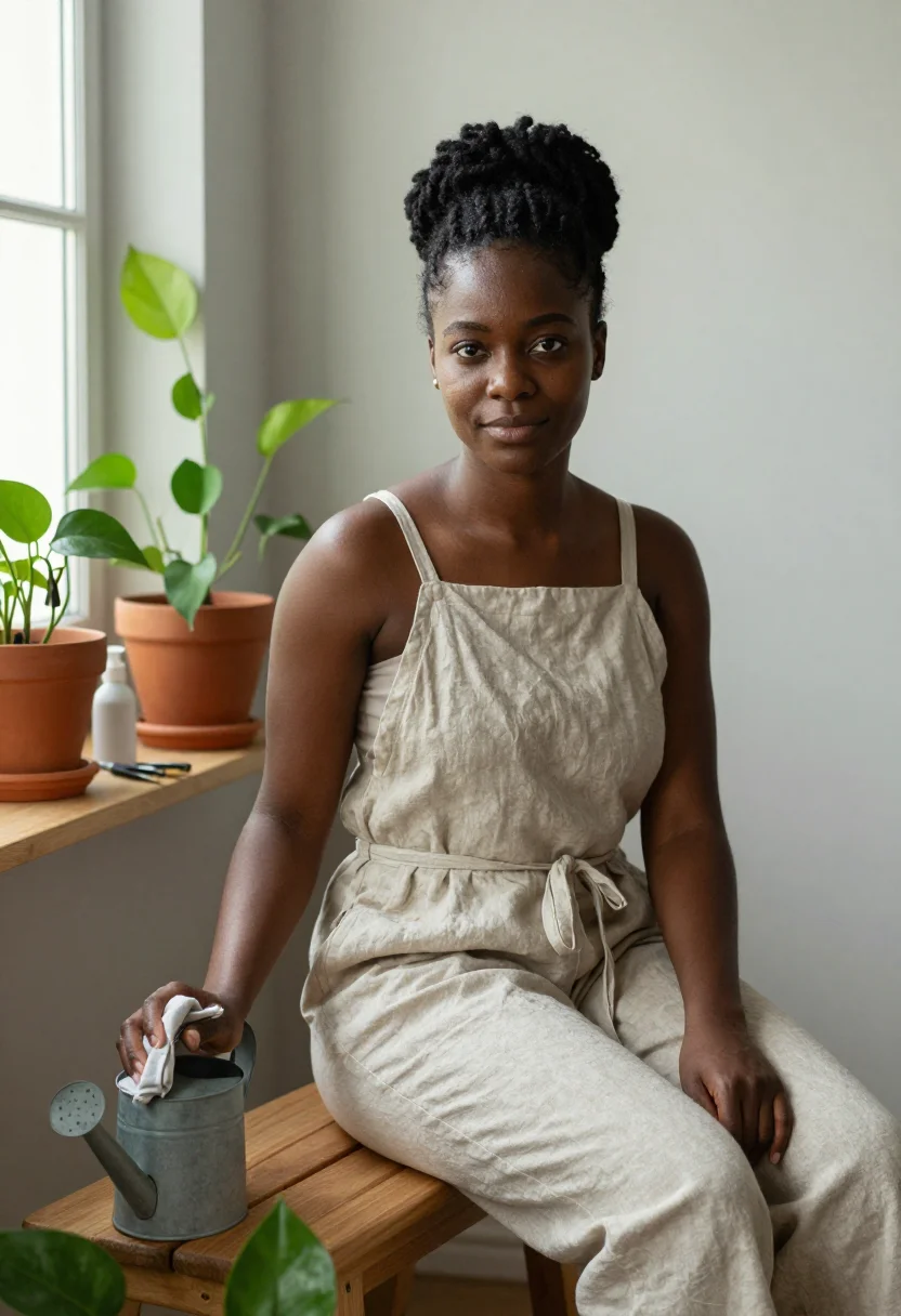 AI plant corner sample — portrait of a woman, chest-up seated portrait of a Black wom
