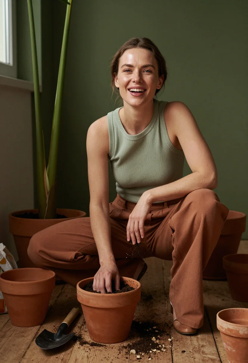 AI plant corner sample — portrait of a woman, waist-up crouching portrait of a Wester