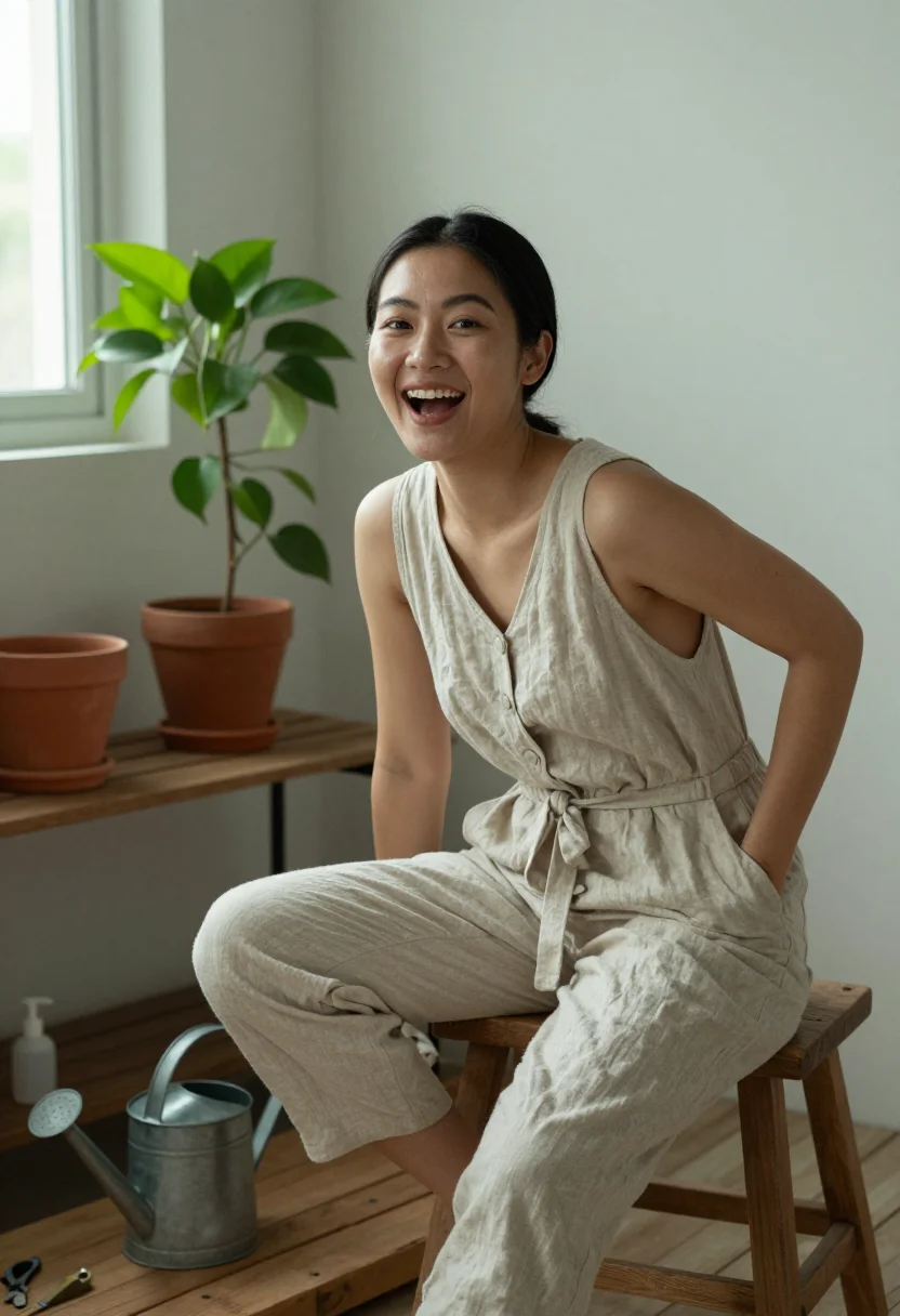 AI plant corner sample — portrait of a woman, hip-up seated portrait of an East-Asian