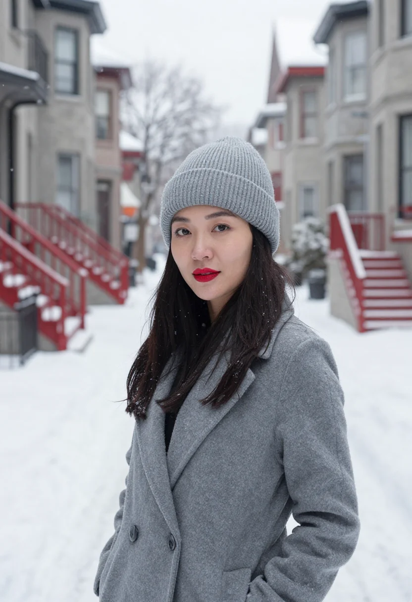 AI plateau montreal red staircase sample — portrait of a woman, framed tight, head and shoulders, the b