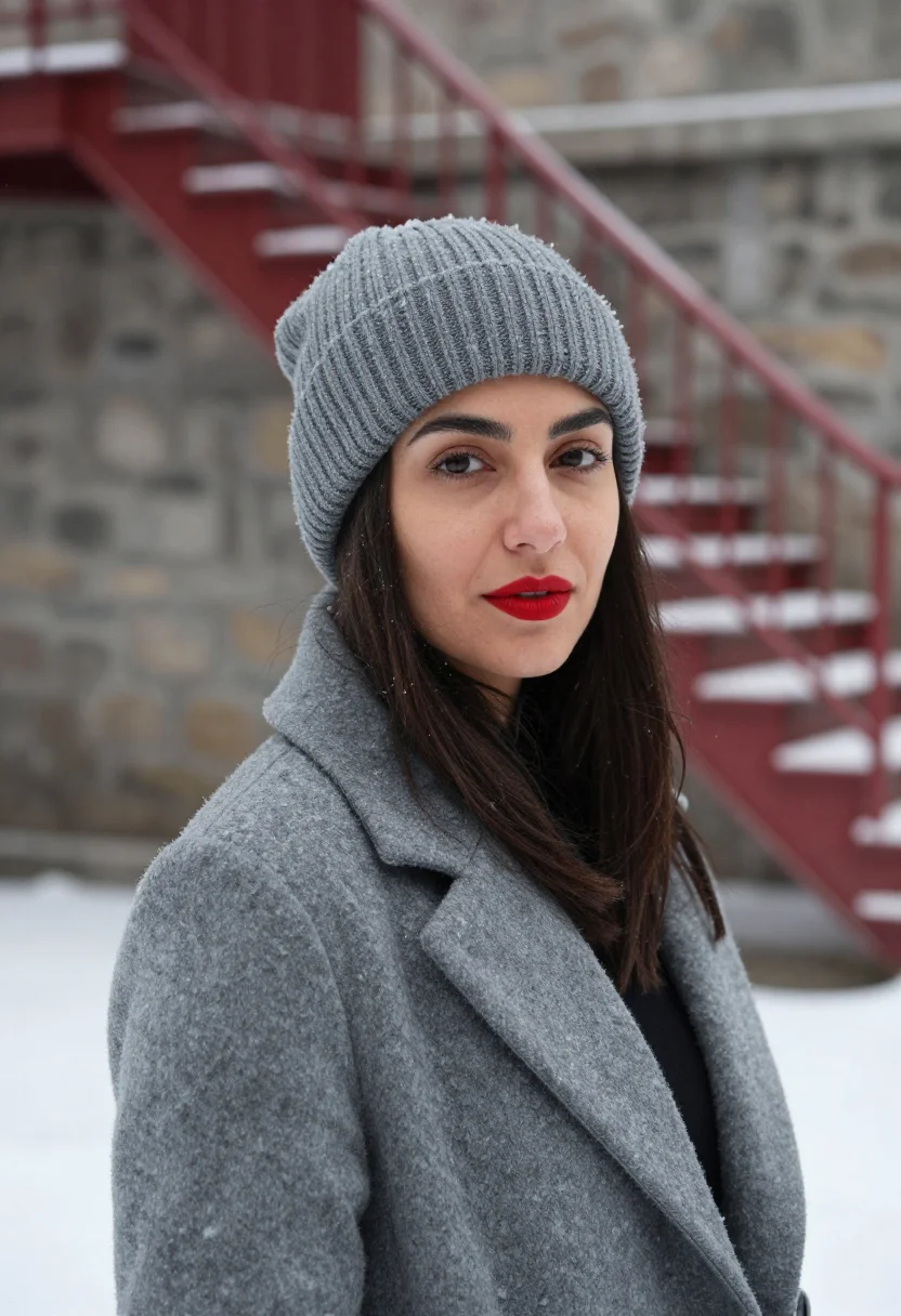 AI plateau montreal red staircase sample — portrait of a woman, framed tight, head and shoulders, the b