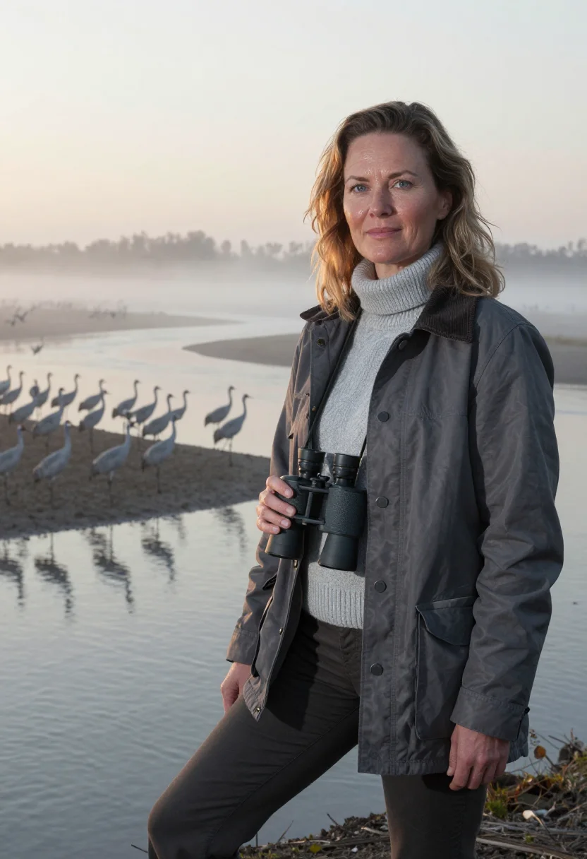 AI platte river crane biologist grey sample — portrait of a woman, of Scandinavian-American descent, in he