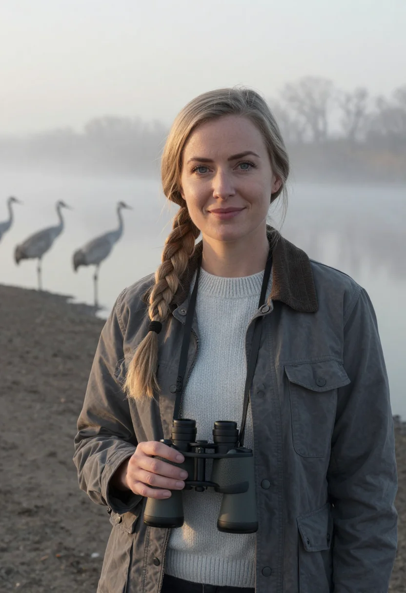 AI platte river crane biologist grey sample — portrait of a woman, of Western-European descent, in her ear