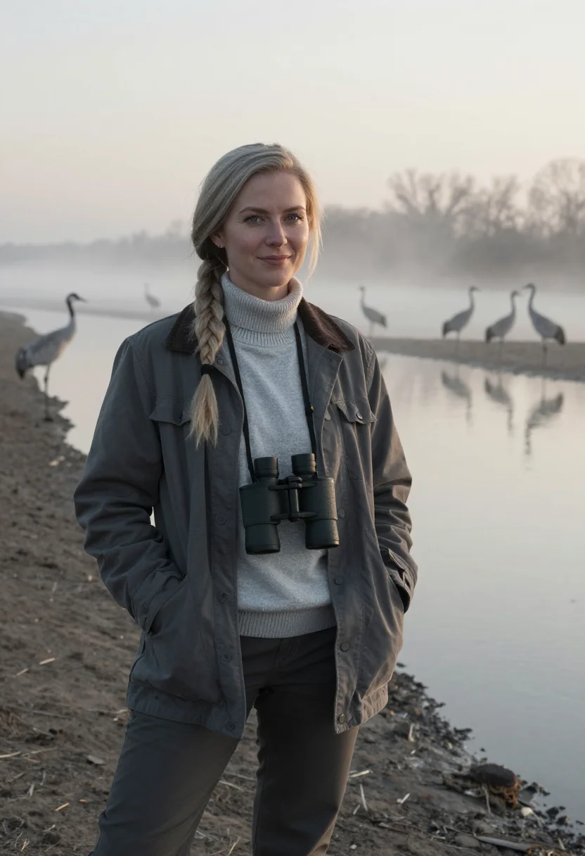 AI platte river crane biologist grey sample — portrait of a woman, of Western-European descent, in her ear