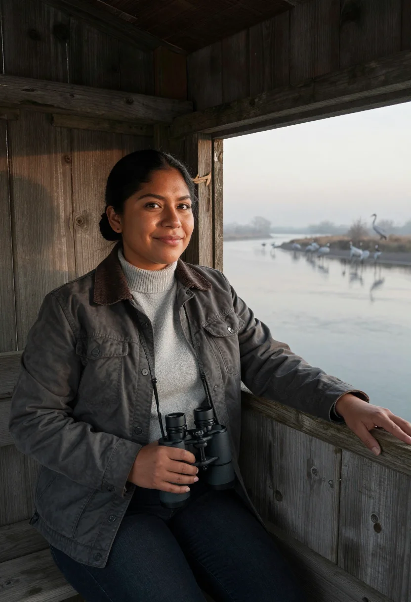 AI platte river crane biologist grey sample — portrait of a woman, Mexican-American, in her late thirties,