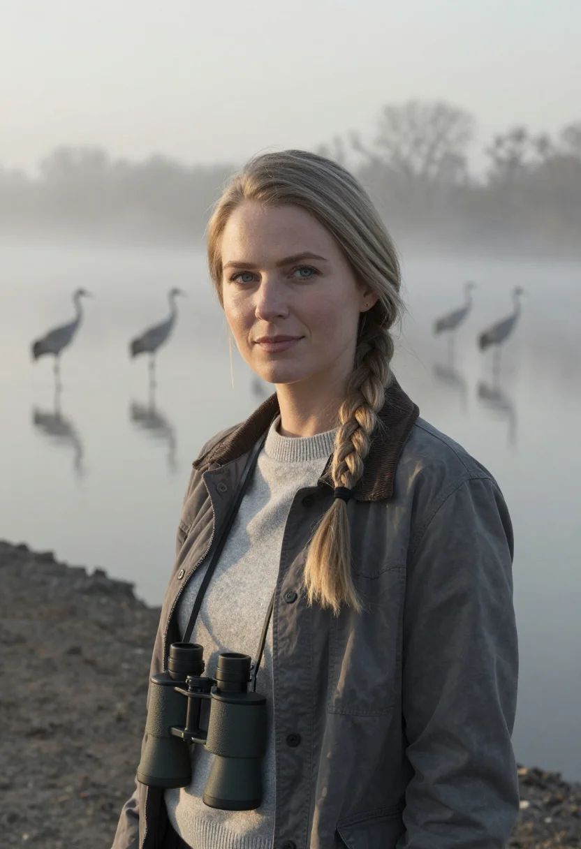 AI platte river crane biologist grey sample — portrait of a woman, of Western-European descent, in her ear