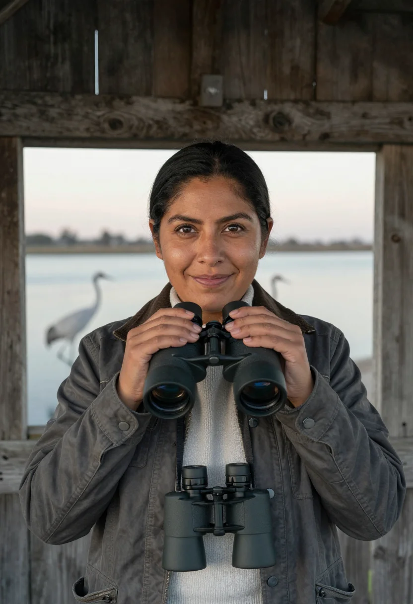 AI platte river crane biologist grey sample — portrait of a woman, Mexican-American, in her late thirties,