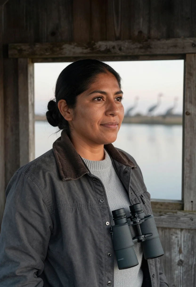 AI platte river crane biologist grey sample — portrait of a woman, Mexican-American, in her late thirties,