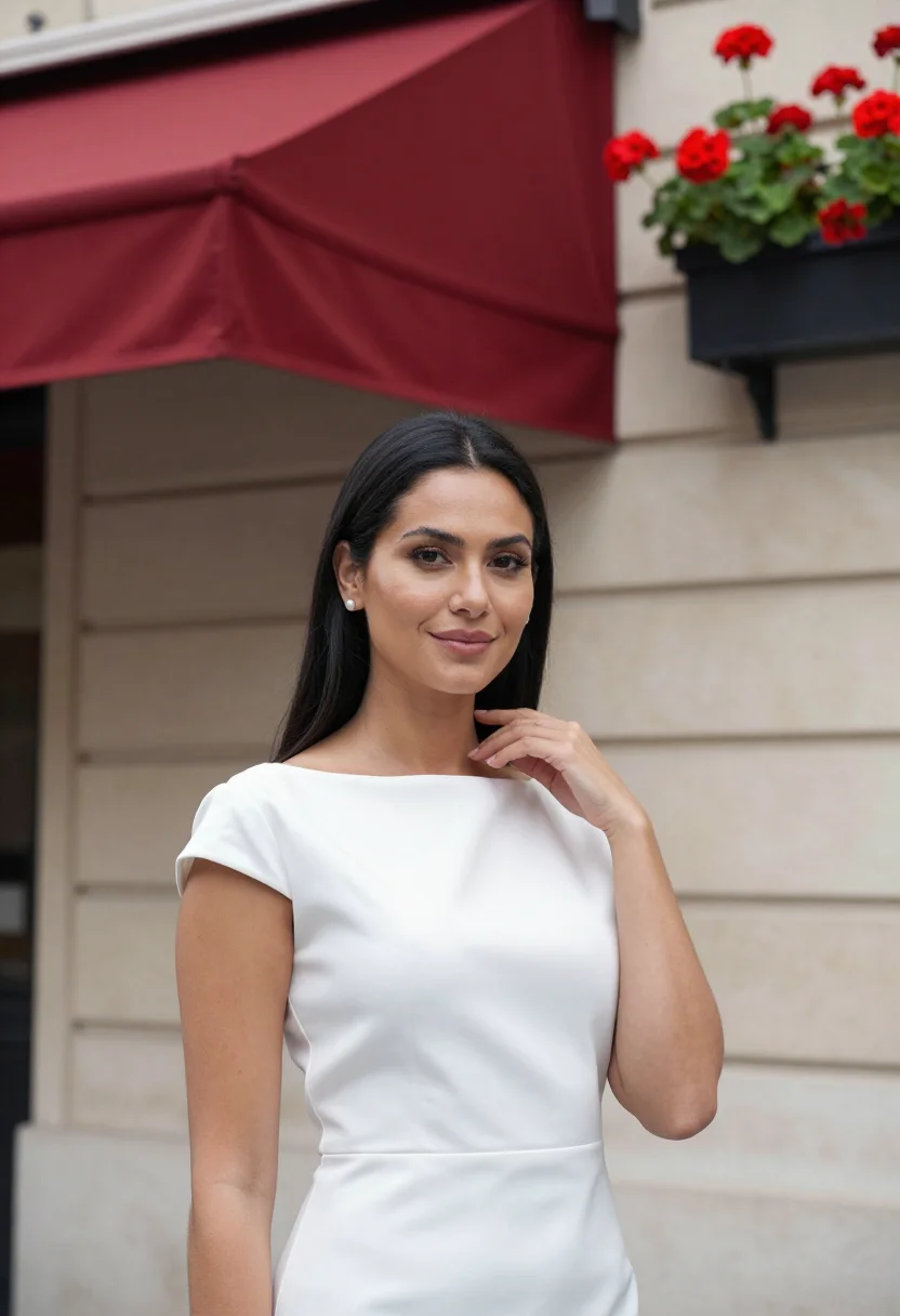 AI plaza athenee paris red awning montaigne sample — portrait of a woman, a guest in her late twenties with olive