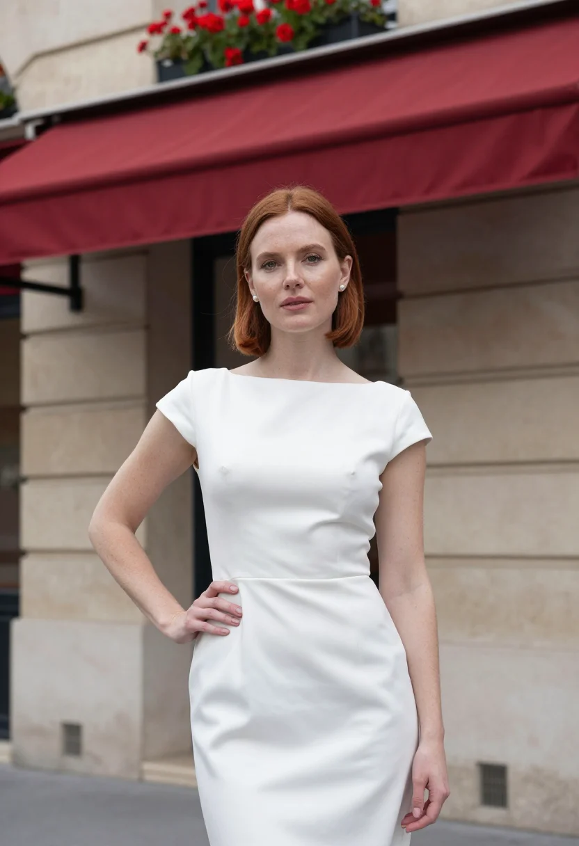 AI plaza athenee paris red awning montaigne sample — portrait of a woman, a guest in her mid-thirties with pale f