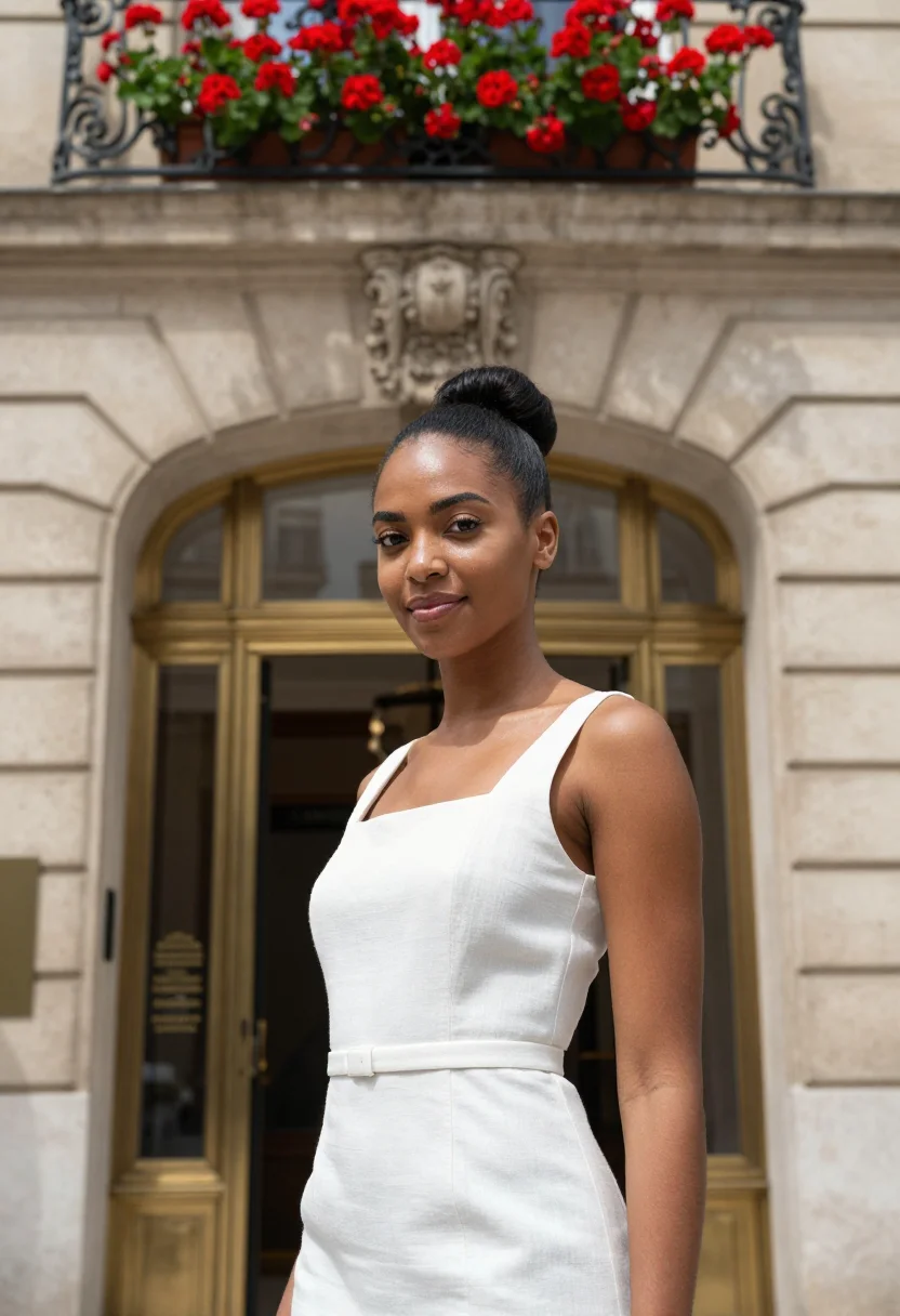 AI plaza athenee paris red awning montaigne sample — portrait of a woman, a guest in her late twenties with deep